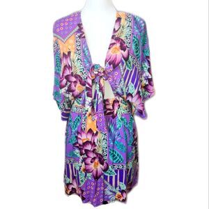 Venus Short Sleeve Tie Front Cutout Mini Dress, Purple Green Tropical, XS